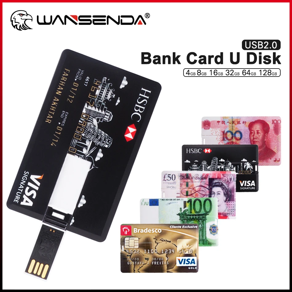 

WANSENDA USB Flash Drive Bank Credit Card Pen Drive 8GB 16GB Pendrive 32GB 64GB 128GB USB Stick 2.0 Memory Disk