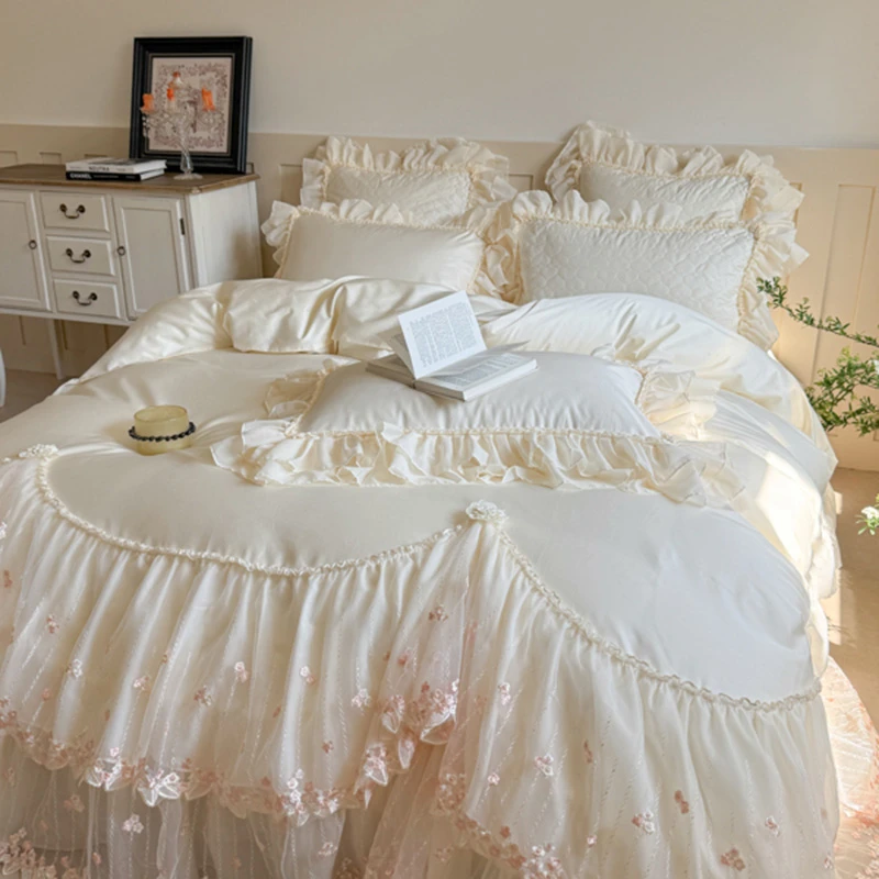 Sweet Princess Wedding White/Pink Lace Ruffle Egyptian Cotton Bedding Set Duvet Cover Quilted Cotton Bedspread Pillowcases 4Pcs
