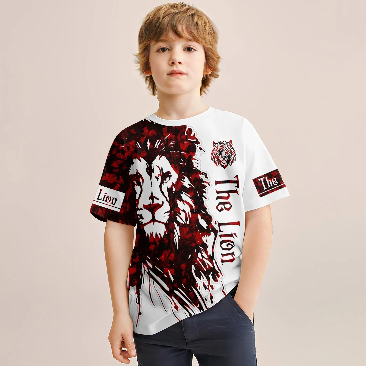 Summer New Children\'s Clothing Big Fish Lion 3d Printed Short-Sleeved T-Shirt Boys Casual Breathable Sports Tops 4-14 Years Old