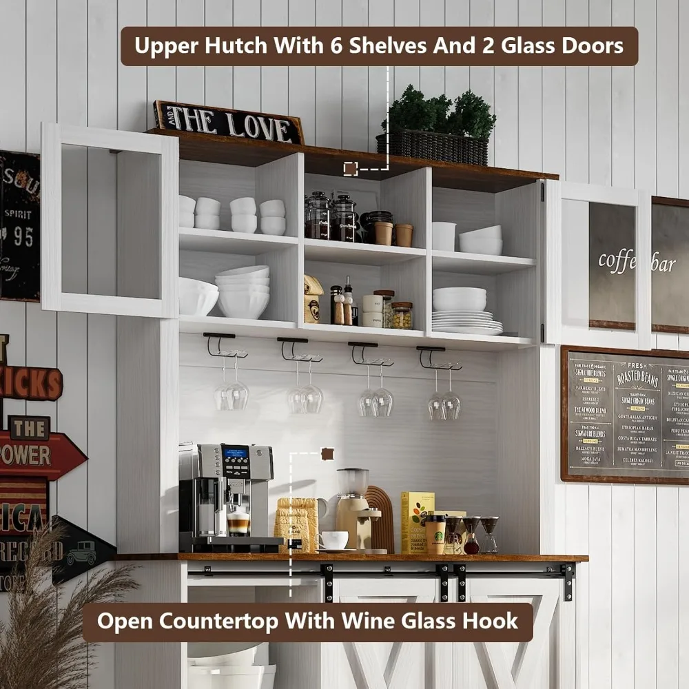 Wine cabinet Cabinet with Hutch, 72'' White Hutch Cabinets with 2 Glass Doors, Tall Wine Bar Cabinet with 9 Wine Racks