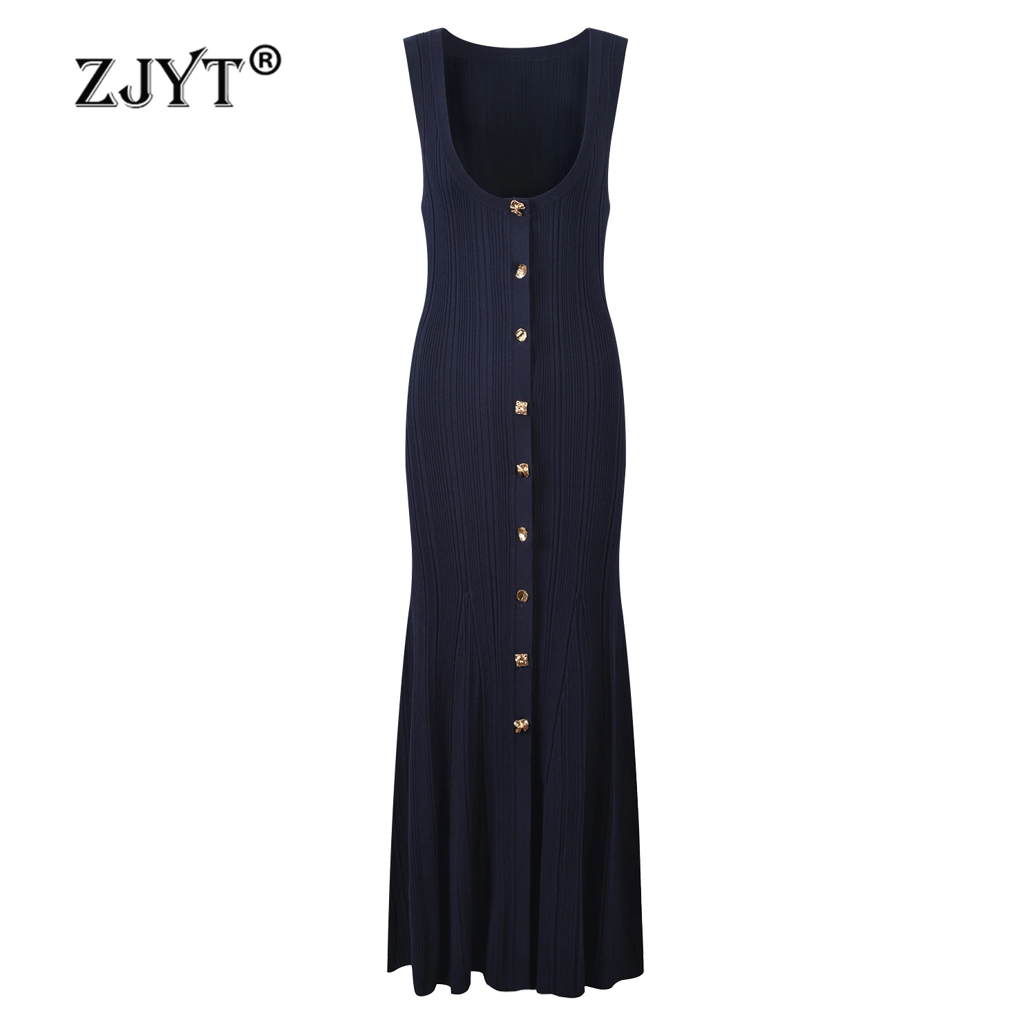 

ZJYT Elegant Knitting Long Sweater Dresses for Women Summer 2024 Sleeveless U Neck Mermaid Dress Party Vestidos Femininos Blue