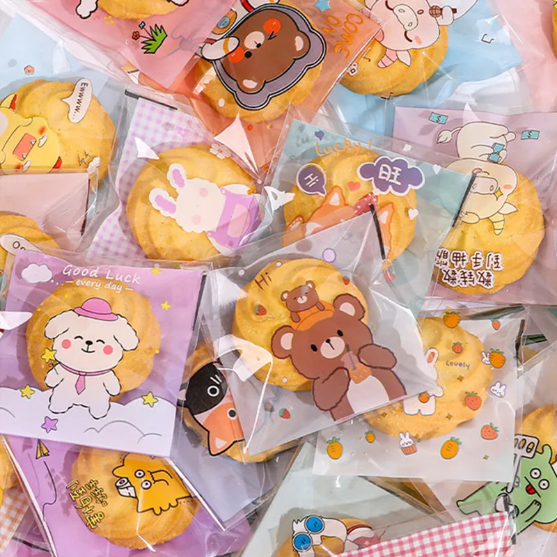 100 Stück 7x7cm/10x10cm Plastik Cartoon Selbstklebende Bäckerei-Verpackungsbeutel für Kekse Snacks Süßigkeiten Geburtstagsparty Geschenk – Detail 5