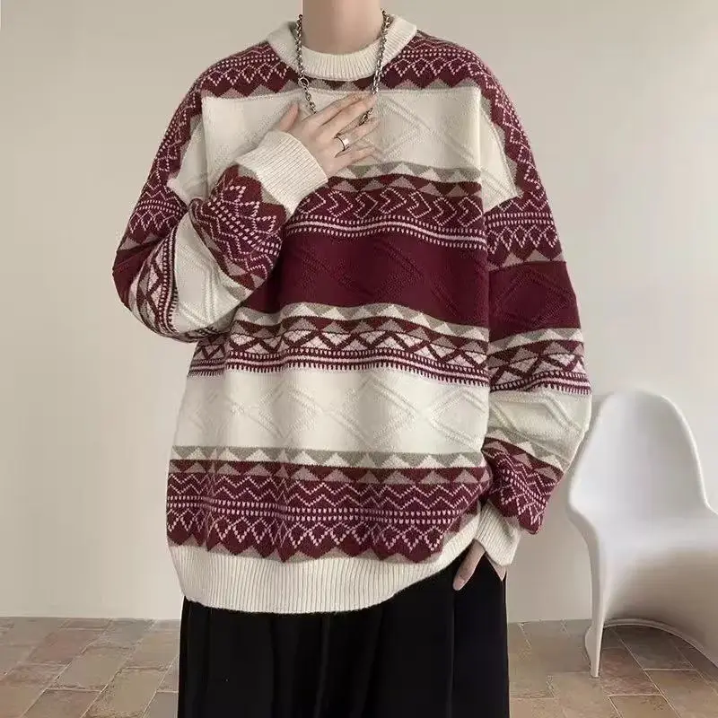 2024 New Contrast Color Striped Sweater Men's Autumn and Winter American Retro Knitted Sweater Couple Lazy Loose Bottoming Shirt