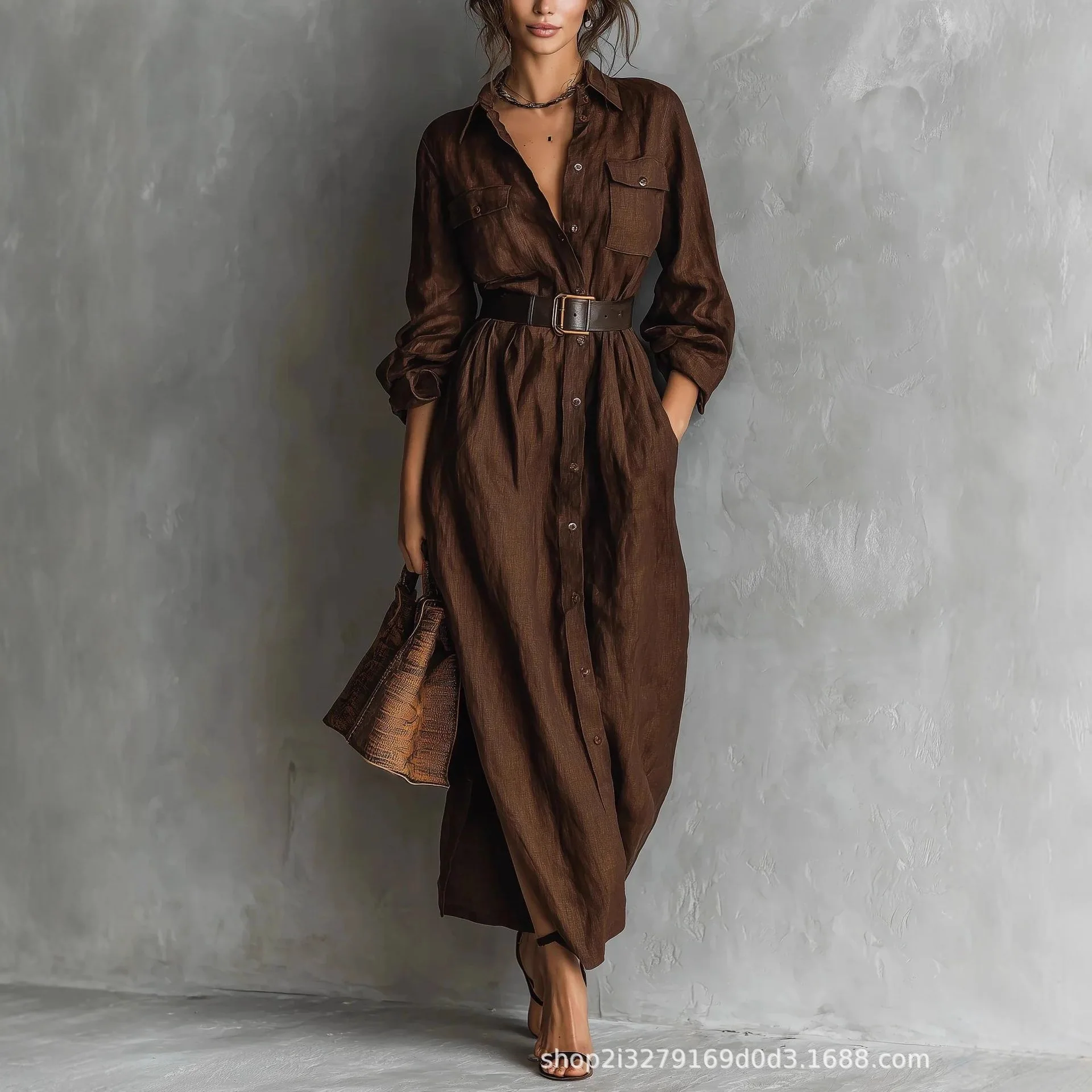 Elegancka sukienka koszulowa z kołnierzykiem, kieszeniami, jednolita, zapinana na guziki, w stylu vintage, luźna, z długim rękawem, o prostym kroju, z paskiem.