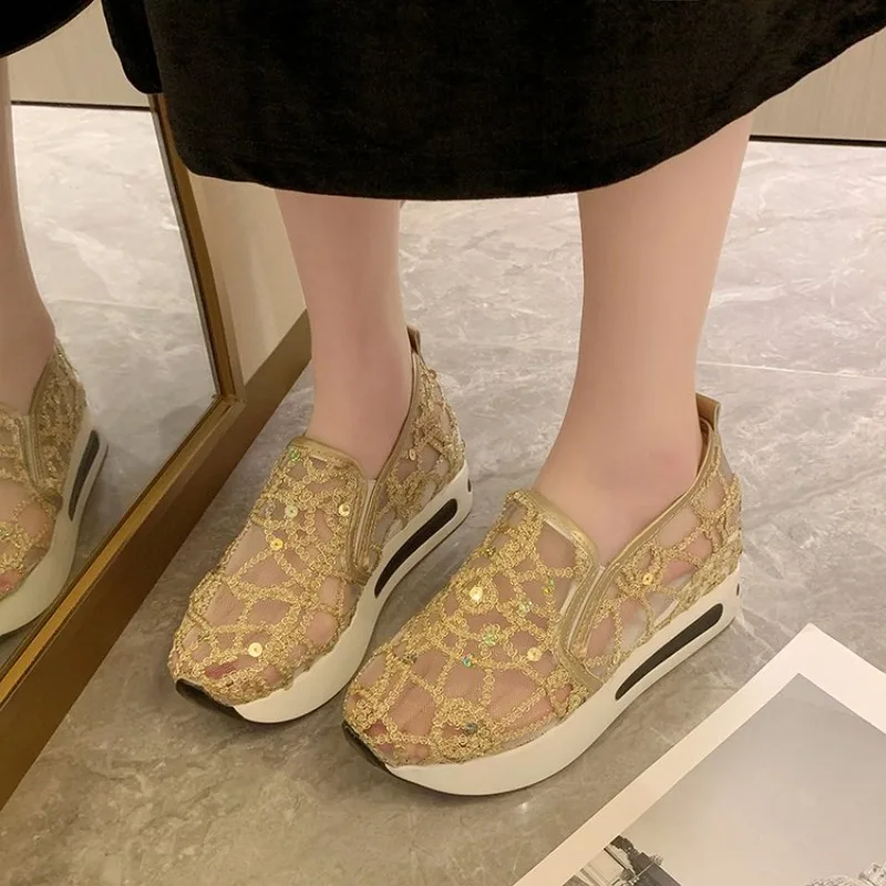 2026 Women Shoes Good Air Permeability Shiny Sequin Breathable Mesh Thick Soles Slip-on Height Increasing Wedges Shoes
