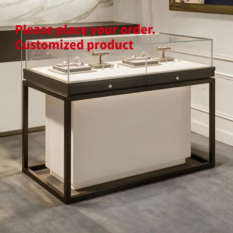 custom.Luxury Glass Top Jewelry Display Showcase Dark Wood Metal Frame Cage Base Floating LED Lockable Drawers Retail Boutique C