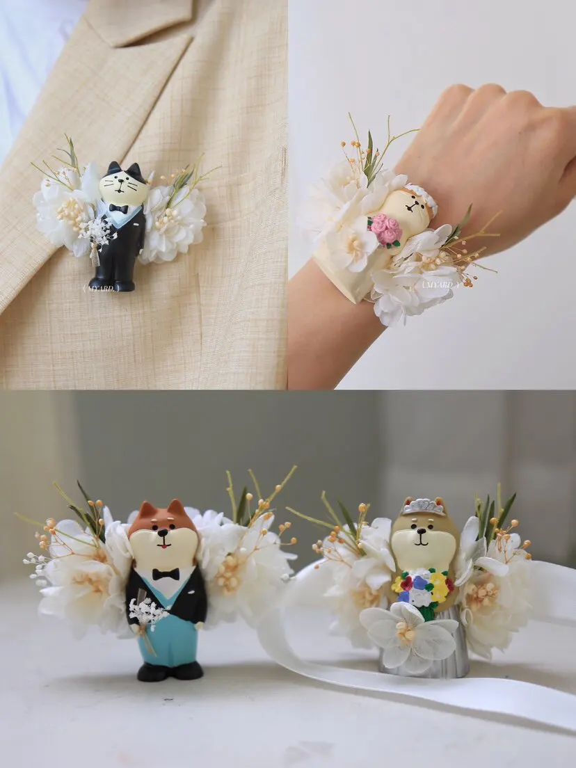 Bride and groom wedding corsage wrist flower immortality flower brooch ring setting props