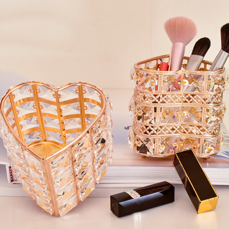 Crystal Makeup Brushes Storage Box Heart Shape Jewelry Stationery Organizer Eyebrow Pencil Lipstick Holder