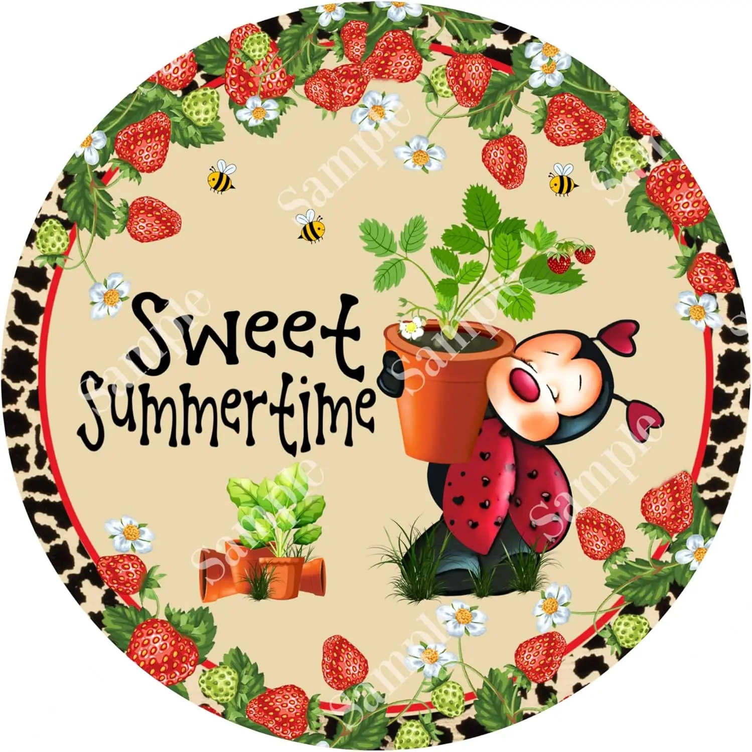 Vintage Metal Tin Signs Sweet Summertime Strawberry Ladybug Sign - Round Summer Sign for Wreaths - Ladybug Wreath Sign - Welcome