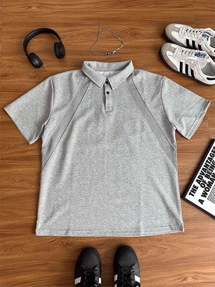 

Men's irt Space Cotton Patchwork ort Sve American Retro Wide Fit T-irt Heavyweight oulder Flip Collar f Sl...