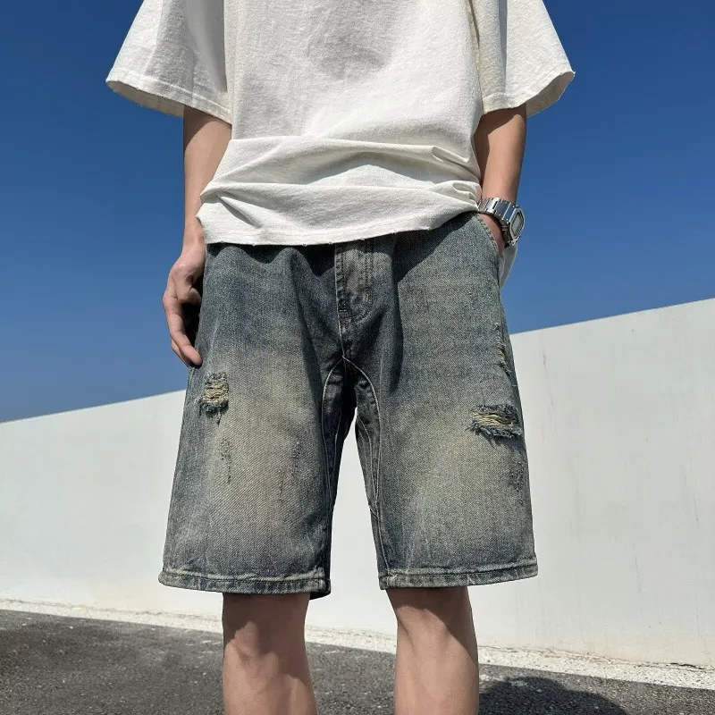 Mens Acid Wash Ripped Patch Distressed Loose Straight Knee Length Denim Shorts