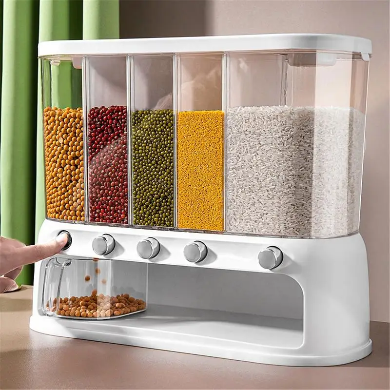 Rice Dispenser 5-Grid Airtight Cereal Dispenser Countertop 12L Dry Food Storage Container For Soybean Grains Flour Wall-Mounted