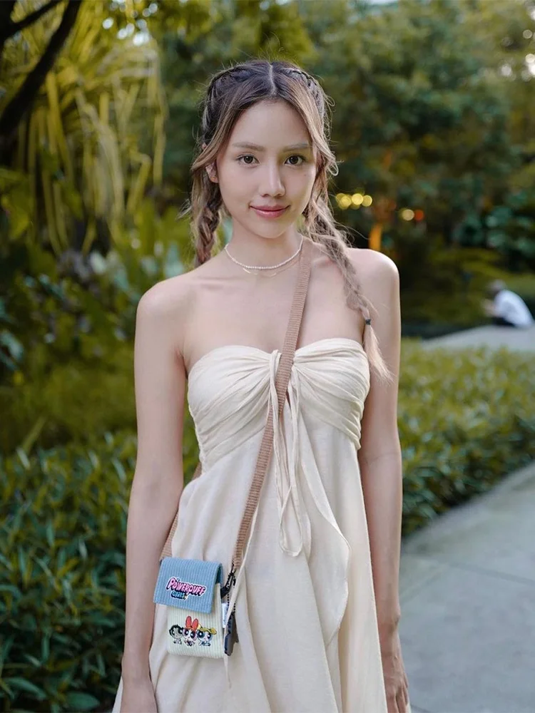 로맨틱 빈티지 비치 바캉스 스트랩 드리프팅 롱 드레스 새로운 디자인 센세이션 A라인 스커트 여름 시즌 V넥 드레스