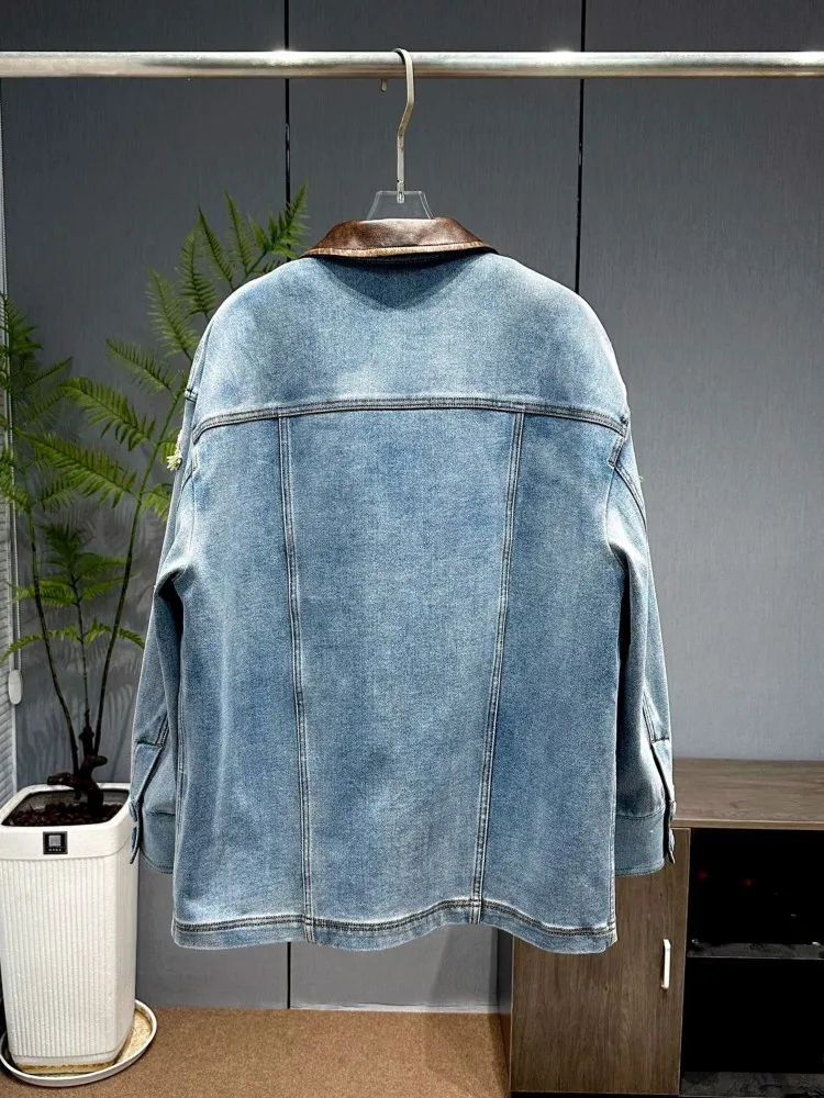 Women Applique Beading Padded Lining Warm Denim Jacket Single Breasted Lapel Coat Fashion Casual Long Sleeve Outerwear Hot Sale