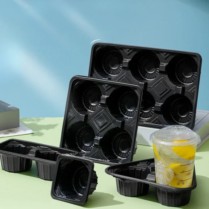 Disposable Milk Tea Cup Holder Plastic Coffee Beverage Takeaway Packaging Double Cup 4 Holes Fixed Grid Anti Scattering Tray