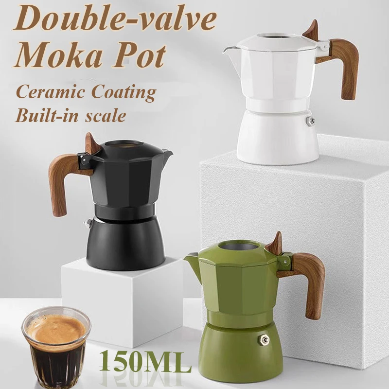 

150ML Double-valve Moka Pot With Vintage Wooden Handle Espresso Maker Brewing Coffee Italian Cafe Pot Kitchen Cafe Accessories