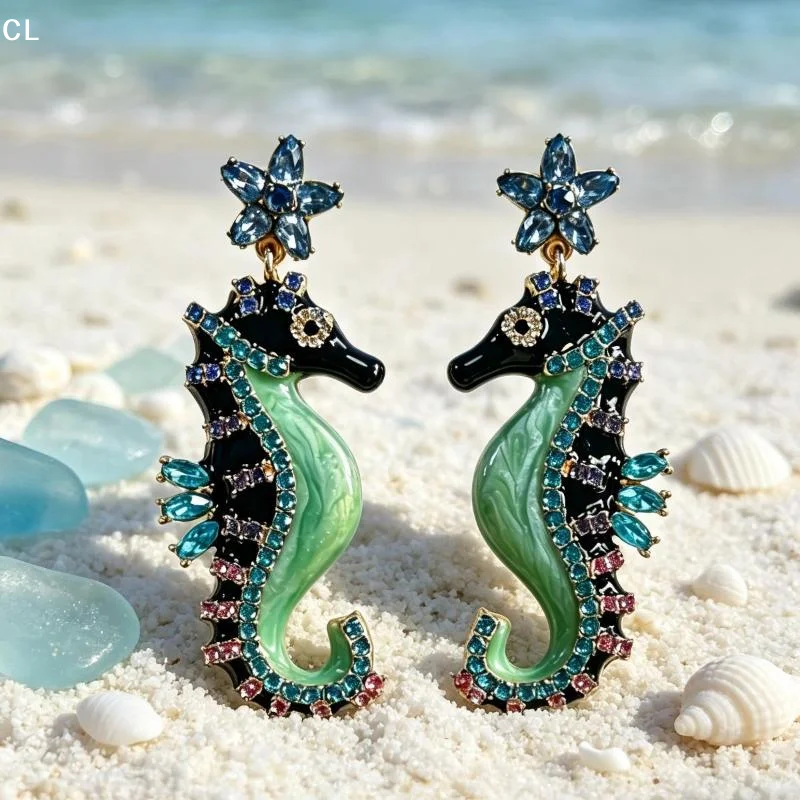 Personality Temperament Diamond Dripping Oil Seahorse Earrings Retro Animal Stud Earrings Cute Women's Earrings Jewelry