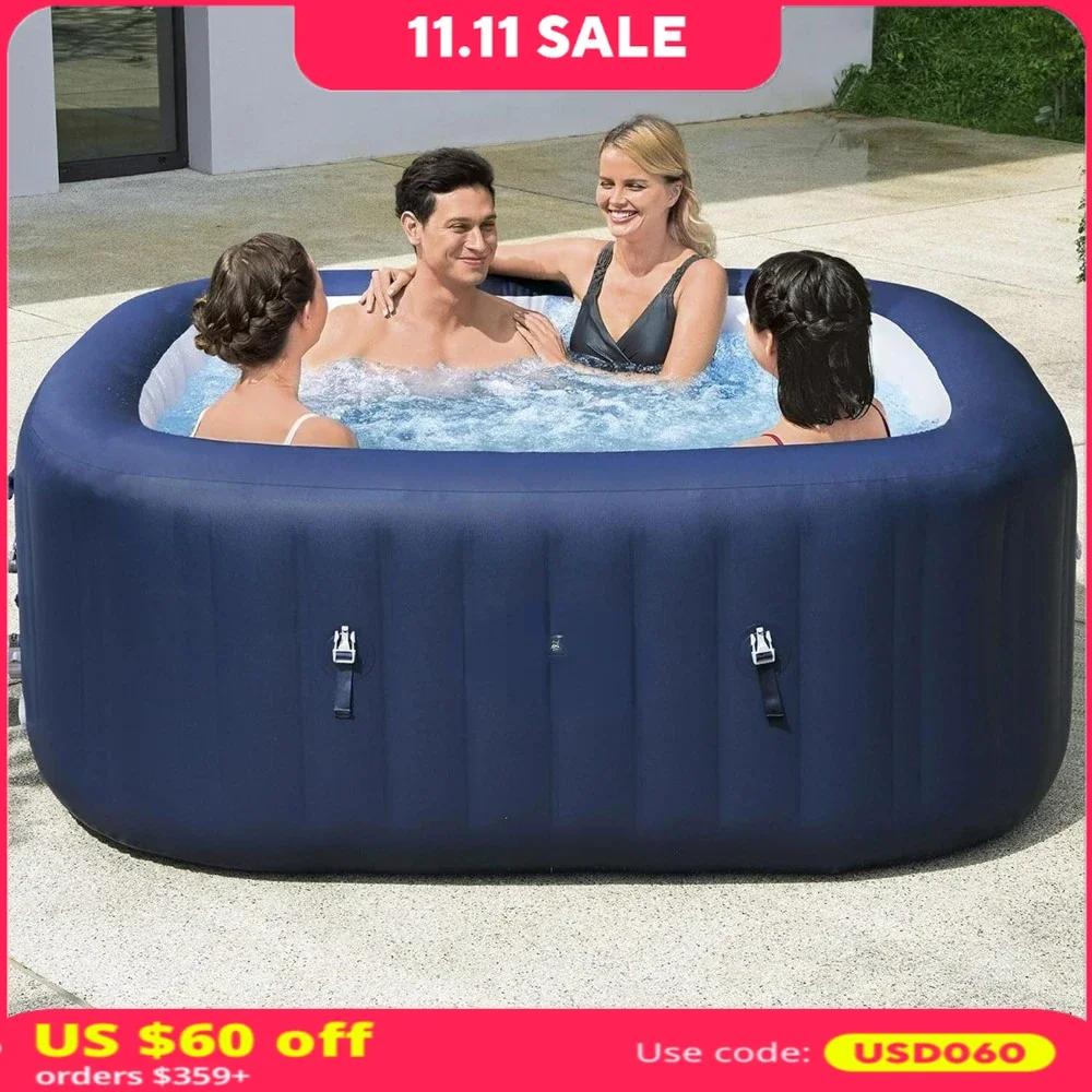 4 To 6 Person Inflatable Hot Tub Square Portable Outdoor Spa With 140 AirJets And Energy Saving Cover，inflatable Pool