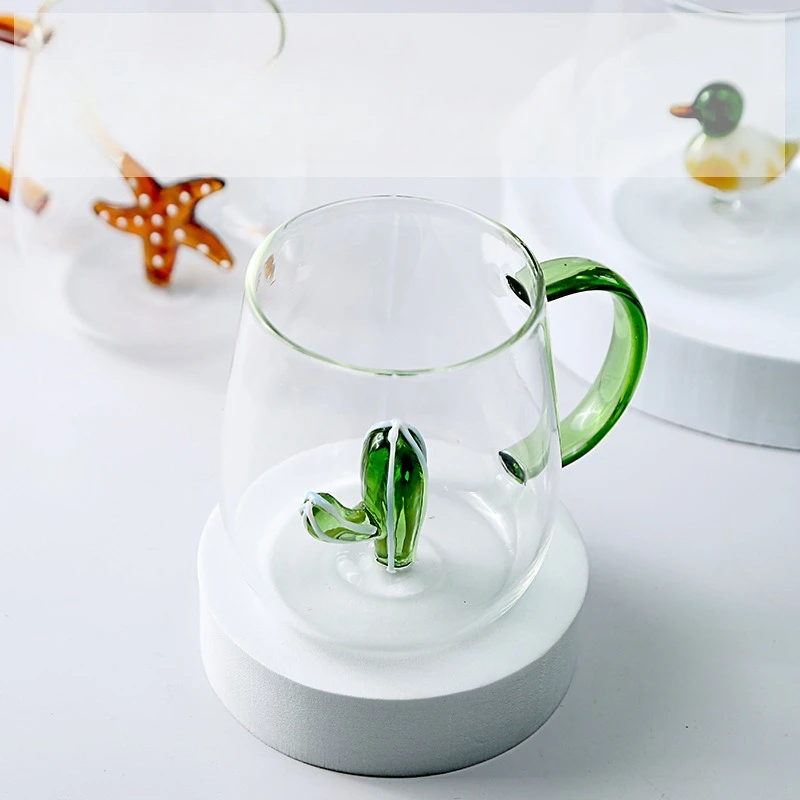 Fun Glass Cup 400ml Creative 3D Cactus Rose Duck Flamingo Animal Water Cup with Handle, Juice Coffee Drinking Cup