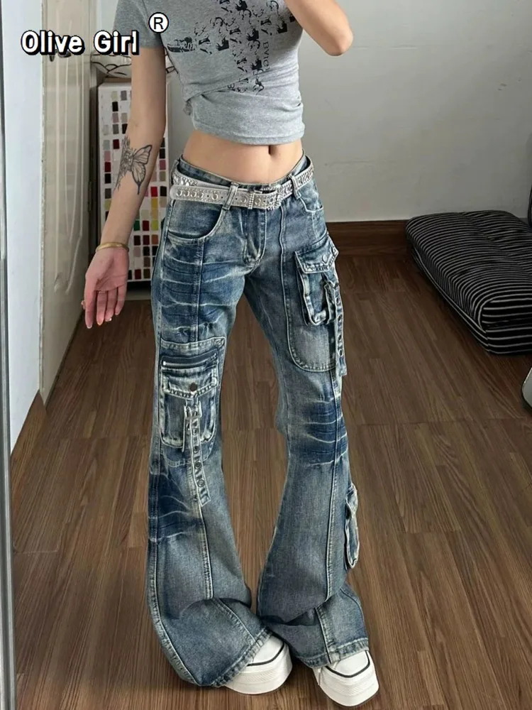 Olivegirl Denim Jeans for Women Trousers 2026 American Washed Multi Pocket Micro Flared Summer Design High Street Floor Pants