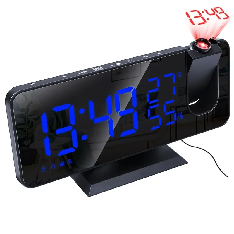 LED Digital Alarm Clock Table Watch Electronic Desktop Clocks FM Radio for Time Projector Snooze Alarm Temperature Humi