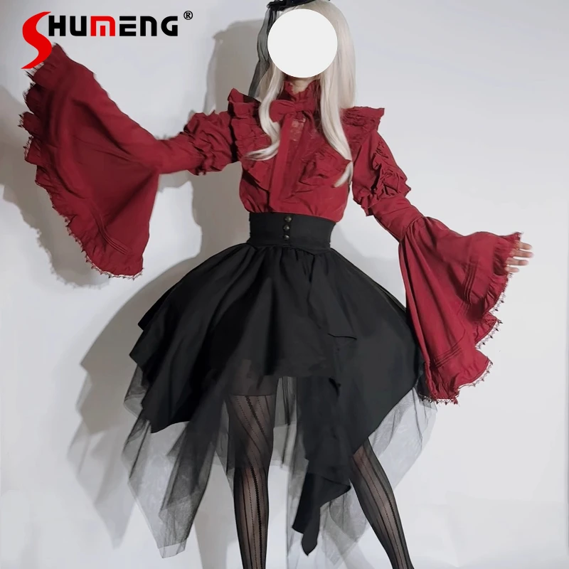 

Halloween Dark Gothic Cos Long Sleeve Shirt Skirt 2-Piece Set Autumn New Women's Slim Large Size Lolita Shirt Irregular Skirt
