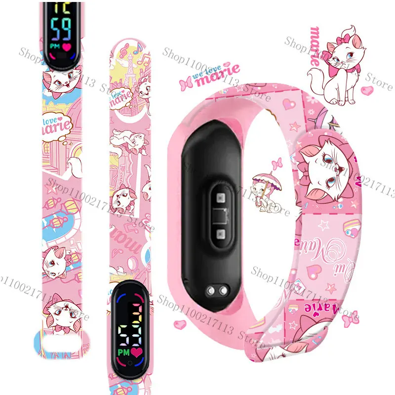 Disney-Montres de sport étanches pour enfants, figurine Mary Cat Print, LED électronique, garçons, filles, cadeaux d'anniversaire