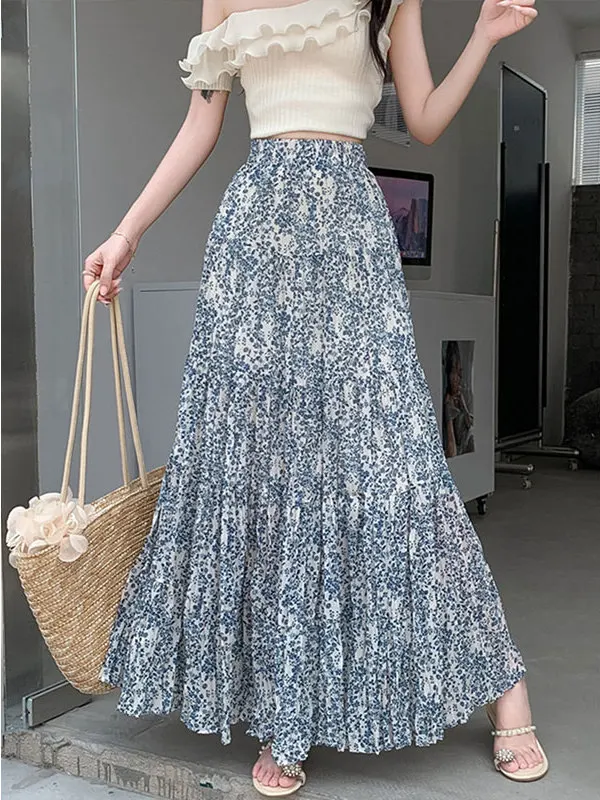 Elegant Floral Chiffon Skirt Women's High Waist A-Line Midi Skirt Summer 2026 New Style Draped Feel Skirt Skin-Friendly Breat...