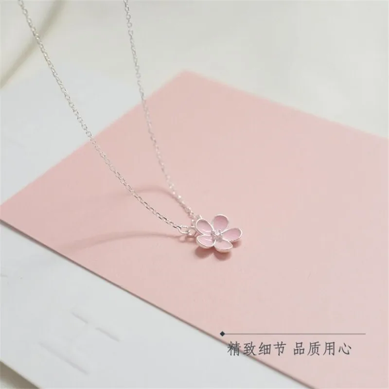 New Fresh And Lovely Pink Flash Crystal Peach 925 Sterling Silver Jewelry Cherry Blossoms Flower Women Pendant Necklaces  XL005
