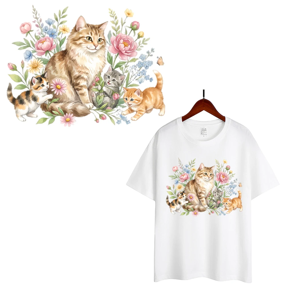 Cartoon Watercolor Flower Mother Cats Family Heat Transfer Sticker For Clothes DIY A-Level Washable Shirt Iron-on Thermal Decals