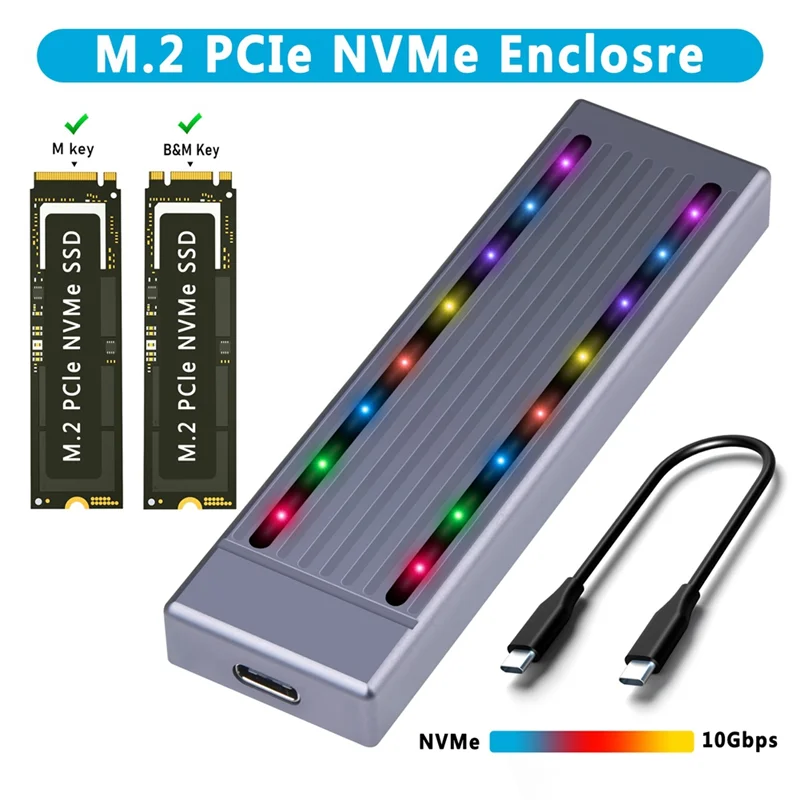 per custodia SSD M.2 NVMe con luce RGB, custodia in alluminio, alta velocità 10 Gbps, scatola per disco rigido portatile con cavo USB-C