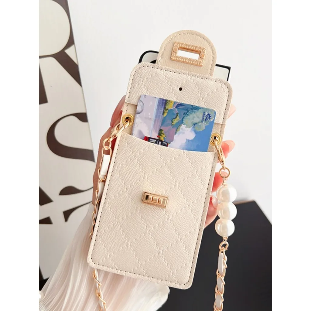 For Samsung Galaxy Z Fold 7 6 5 4 3 2 5G Love Heart Metal Buckle Lambskin Purse Card Bag Crossbody Long Chain Leather Case Cover