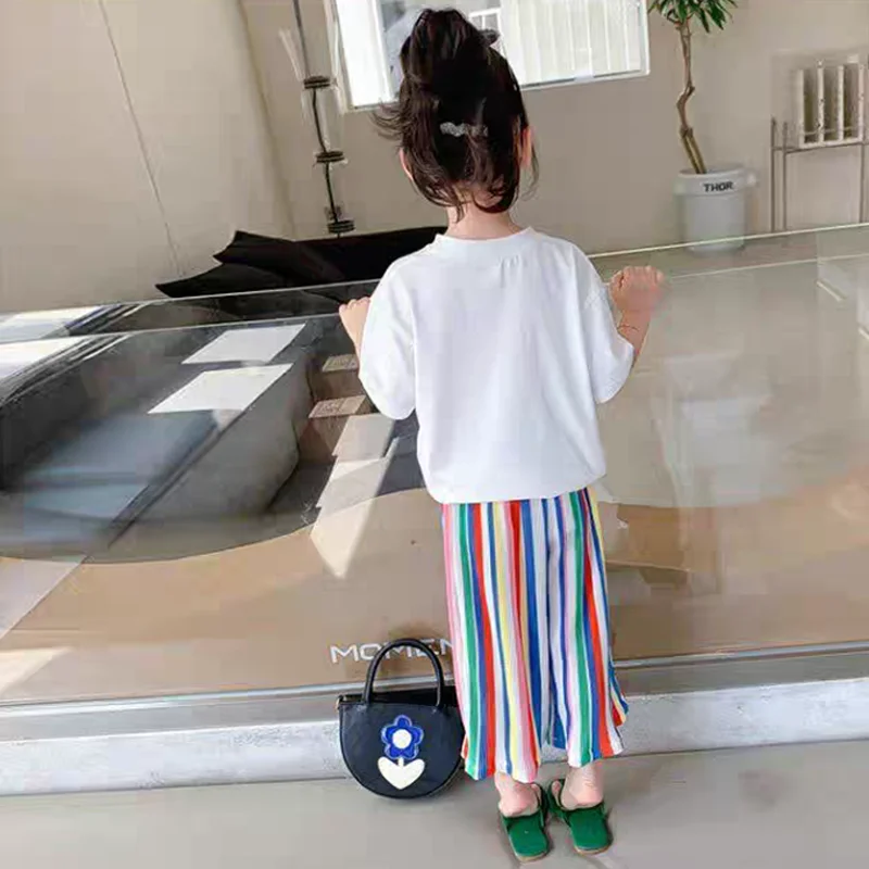 Girls Shorts-sleeve Sets Summer Kids Fashion T-Shirt+Striped Pants 2Pcs Toddler Casual Clothing Suits Children Print Outfits