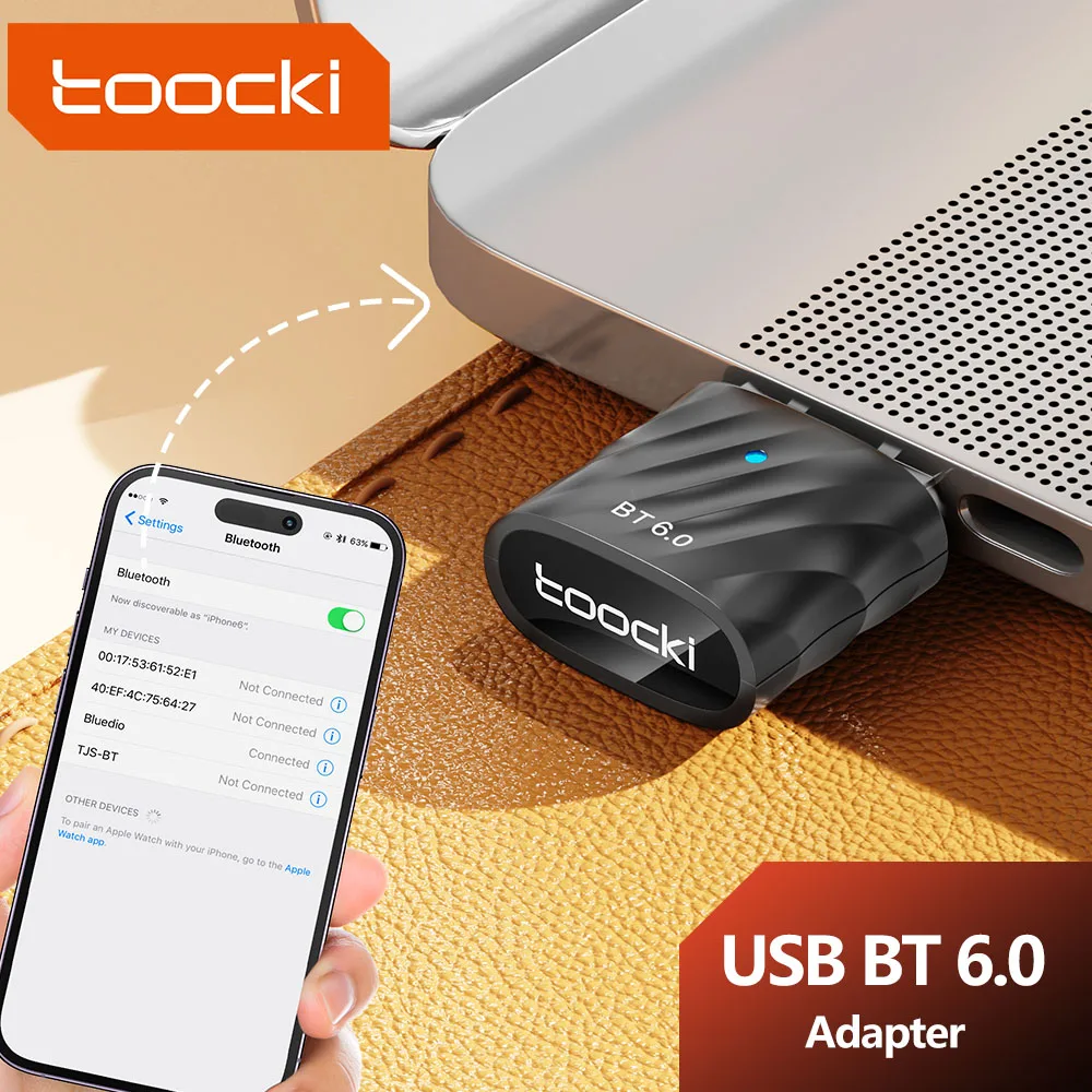 

Toocki Bluetooth 6.0 USB-адаптер USB-аудиоприемник-передатчик для ПК Dongle Windows 11 10 8,1 Клавиатура Мышь Наушники Speak