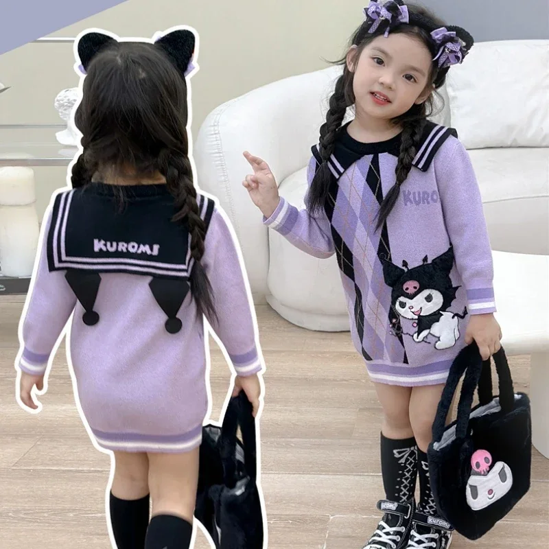 Sanrios Anime Kawaii Autumn Winter New Academy Purple Kuromi Sweet Cartoon Small Three Dimensional Long Sleeve Woolen Dress