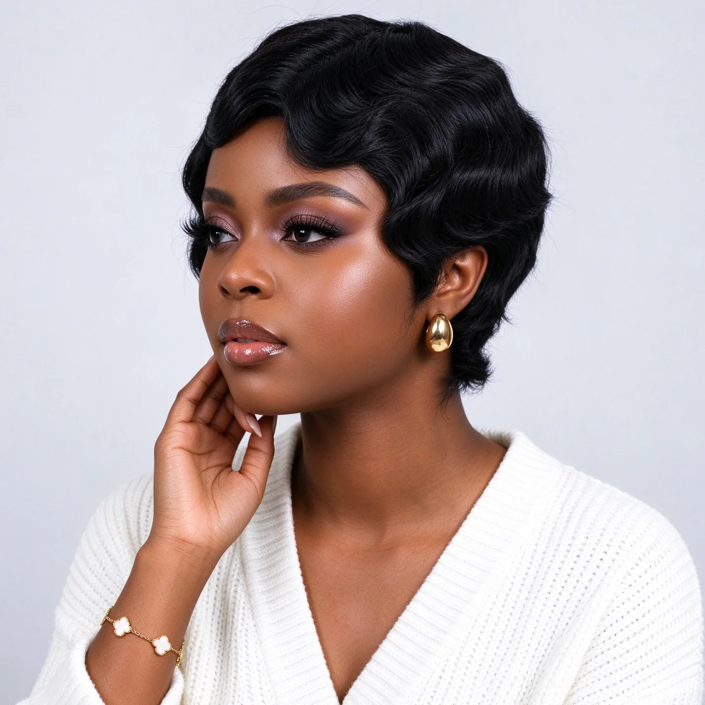 Short Water Wave Pixie Cut Wig Full Machine Made Human Hair Wig for Women Versatile Style for Short Hair Wig Finger Wave Texture