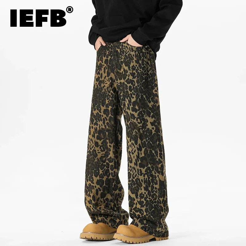 IEFB High Street Men\'s Denim Pants Leopard Print Straight Loose Bottom Wide Leg Loose Washing Hip Pop Male Trousers Tide 9C8593