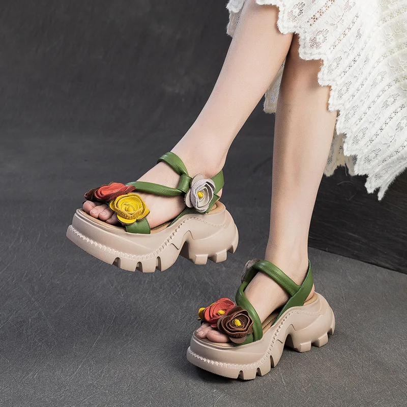 

2026 New 7cm Cow Genuine Leather Women Ethnic Slip on Pumps Fashion Sandals Slipper Flower Summer Platform Wedge Flats Ethnic