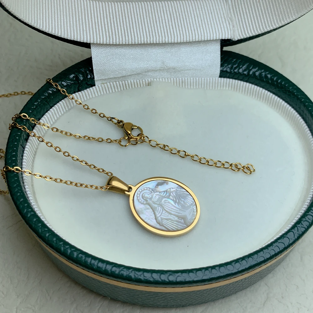Stainless Steel Necklace Jewelry Religious Virgin Mary Pendant Neck For Women Gold Plated Natural Mother of Pearl Shell