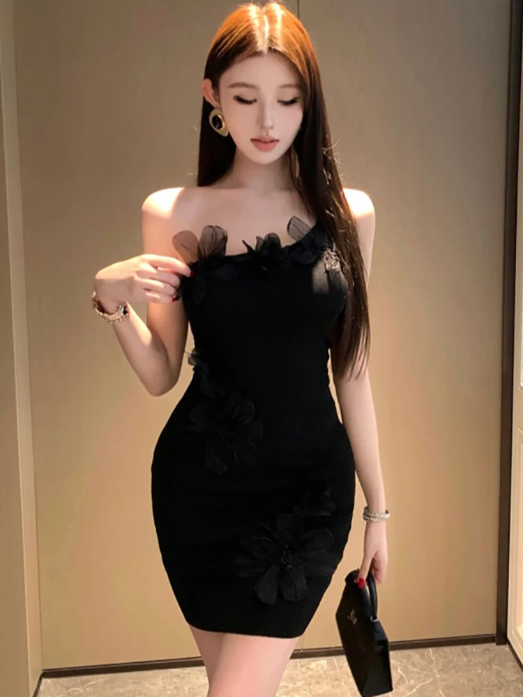 

Women Fahsion Chic Floral Diagonal Collar Sexy Sling Dress Autumn Winter Black Bodycon Hip Wrap Dress 2025 Korean Elegant Dress