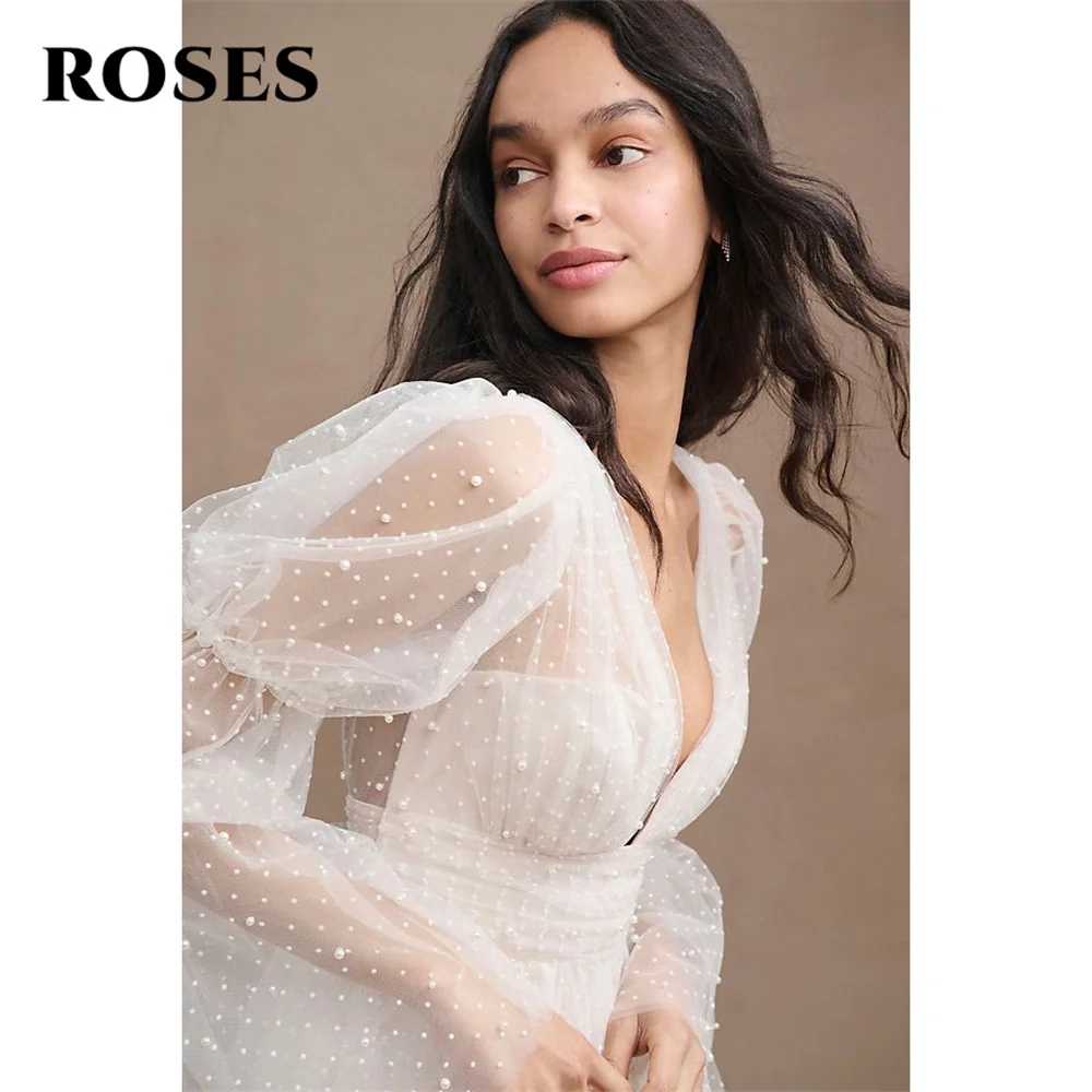 ROSES – robe formelle en Tulle avec perles blanches, tenue de soirée pour mariage, col en v, haute et basse, pour occasions spéciales, personnalisée