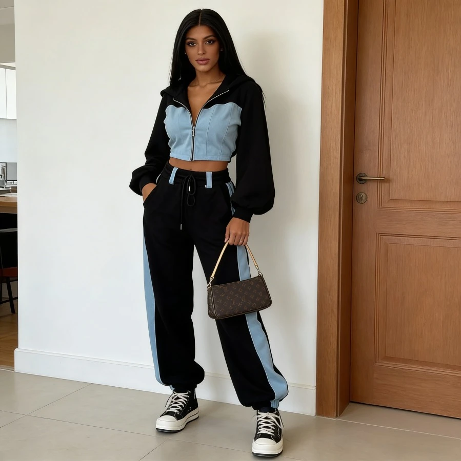 

Pant Set Women Two Piece Sets Hooded Zipper Shirt Splice Denim Wide Leg Long Pants Lace Up Elastic Waist Y2k Streetwear