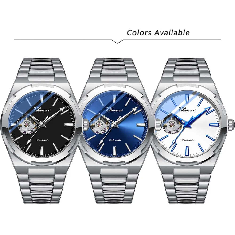 Oryginalne markowe zegarki mechaniczne CHENXI dla mężczyzn Moda Klasyczny pasek ze stali nierdzewnej Wodoodporny świecący automatyczny męski zegarek