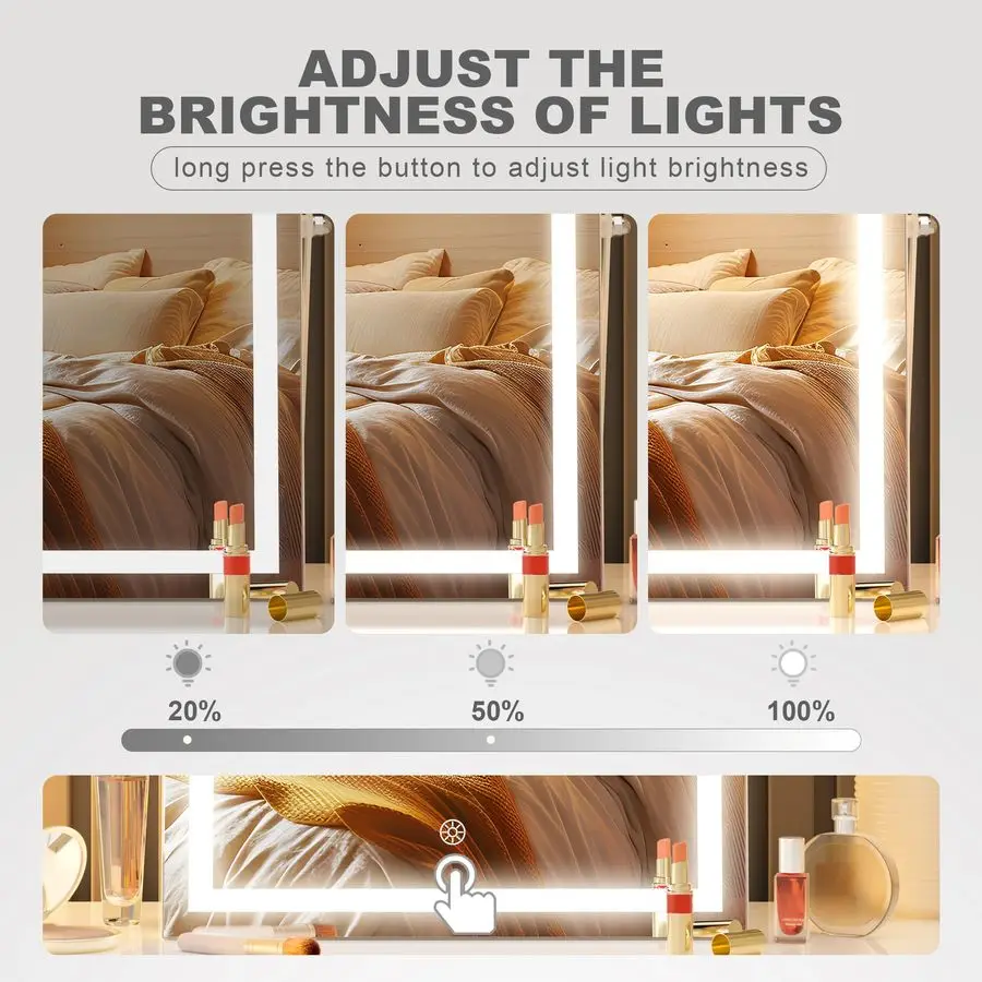 조명이 있는 화장 거울, 17.7 x 13.8 LED 메이크업 거울, 10배 확대, 스마트 터치 3색 조광, 밝기 조절 가능