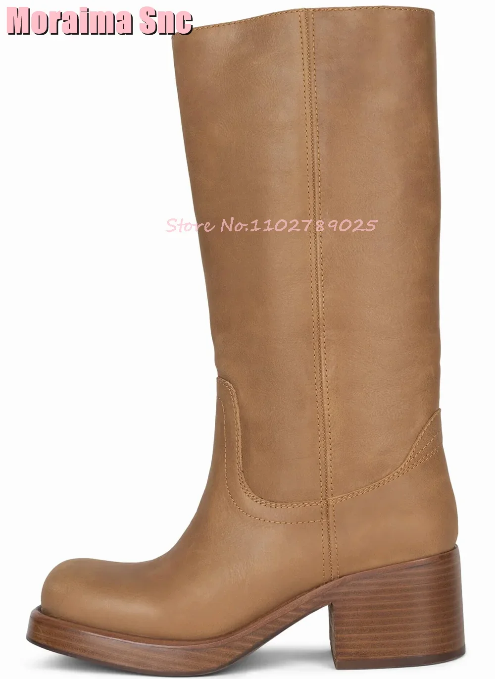Round Toe Block Heeled Knee High Boots Slip On Fashion Women Long Boots Autumn Winter Leather Upper Dark Brown Solid 2023 New