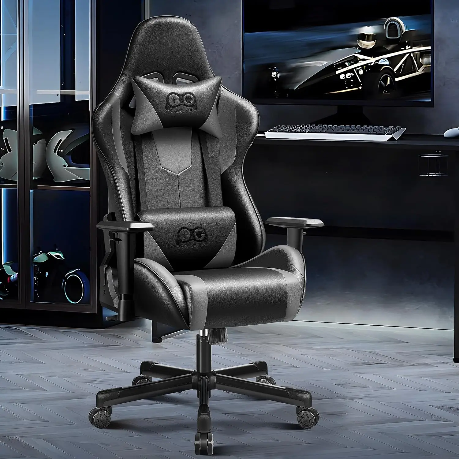 

Gaming Chair Ergonomic, Racing Style PU Leather Game Chair, Adjustable Backrest Swivel Ergonomic Gamer Chair with Lumbar Support