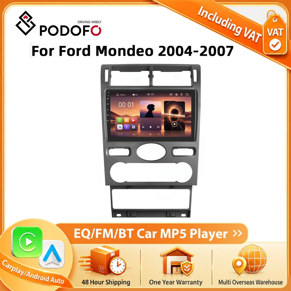 Podofo Autoradio sans fil Carplay Android Auto 9 pouces pour Ford Mondeo 2004-2007 Lecteur multimédia MP5 BT FM 2din Autoradio SWC Systèmes intelligents de voiture Stéréo multimédia EQ Mirrorlink Écran tactile HD Moniteur Radio MP5 pour voiture