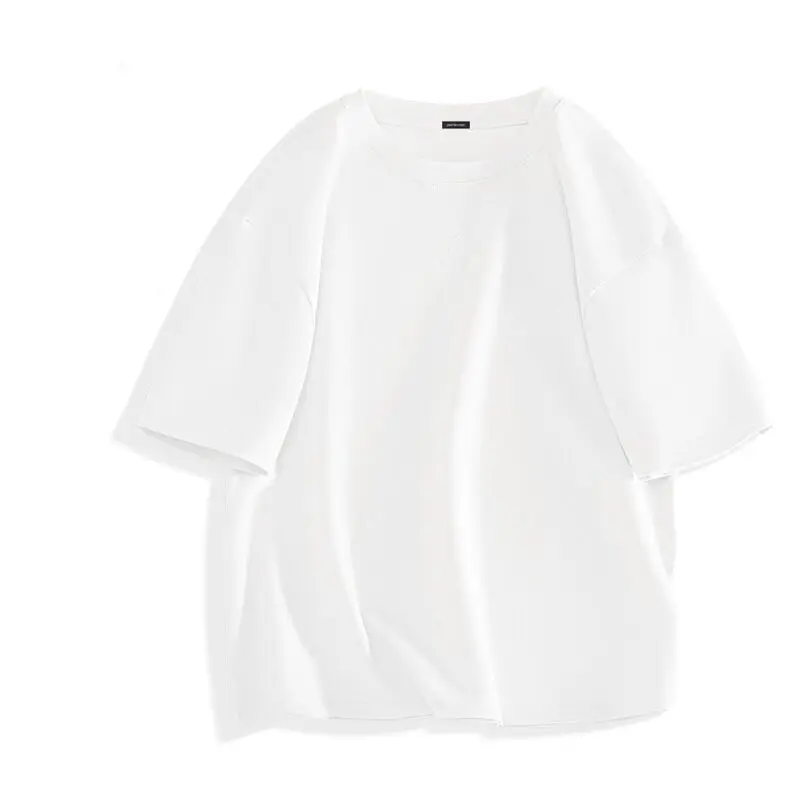 Summer Men's Short Sleeve T-Shirt 250g Heavyweight Twill Cotton, Inverted Triangle Loose Fit Solid Crew Neck Casual Tee
