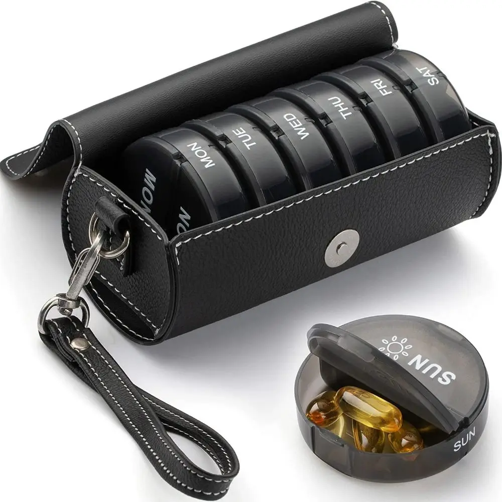 

PU Leather 7-Day Pill Organizer AM/PM Compartments Drug Container Rainbow Pill Box Dust-proof Portable 14-Grid Vitamin Storage