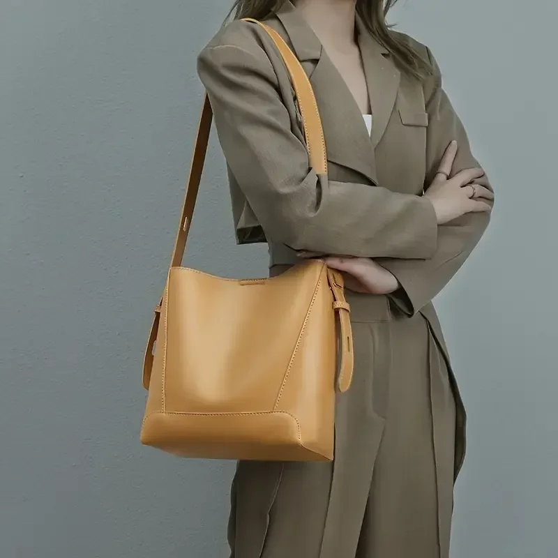 Retro Faux Leather Bucket Bag, Shoulder Bag With Adjustable Strap , Buckle Decor Tote Bag For Work